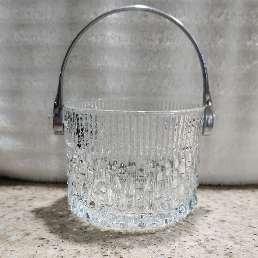 Vintage Clear Glass Ice Bucket with Silver Handle
